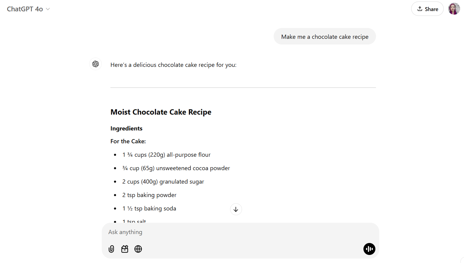 Screenshot of ChatGPT making a chocolate cake recipe