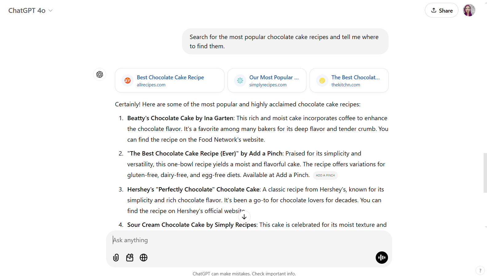 Screenshot of ChatGPT finding a chocolate cake recipe